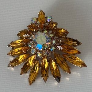 Elegant Navette Cut Amber and Brown and Aurora Gold Brooch